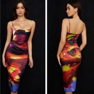 House of CB Mitzi Printed Satin Sleeveless Corset Midi Dress  Size XS